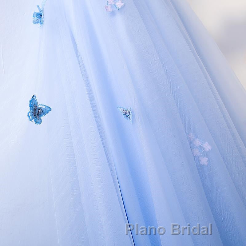 Half Sleeves Round Neck Blue Floral Long Formal Prom Dresses, Blue Long Formal Evening Dresses with Flower