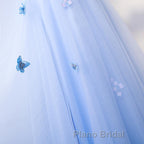 Half Sleeves Round Neck Blue Floral Long Formal Prom Dresses, Blue Long Formal Evening Dresses with Flower