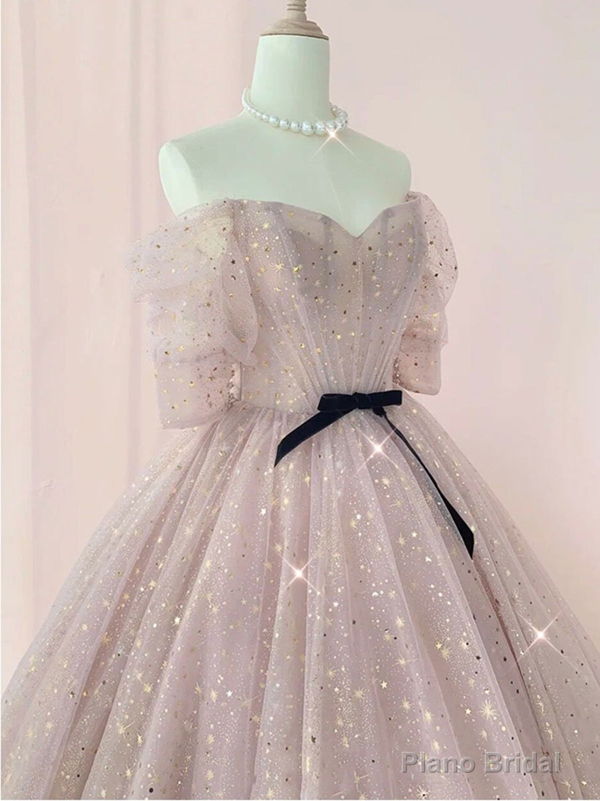 Half Sleeves Shiny Pink Prom Dresses, Shiny Pink Long Formal Evening Dresses