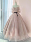 Half Sleeves Shiny Pink Prom Dresses, Shiny Pink Long Formal Evening Dresses