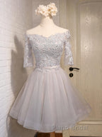Half Sleeves Short Lace Formal Prom Dresses, Short Lace Homecoming Bridesmaid Dresses