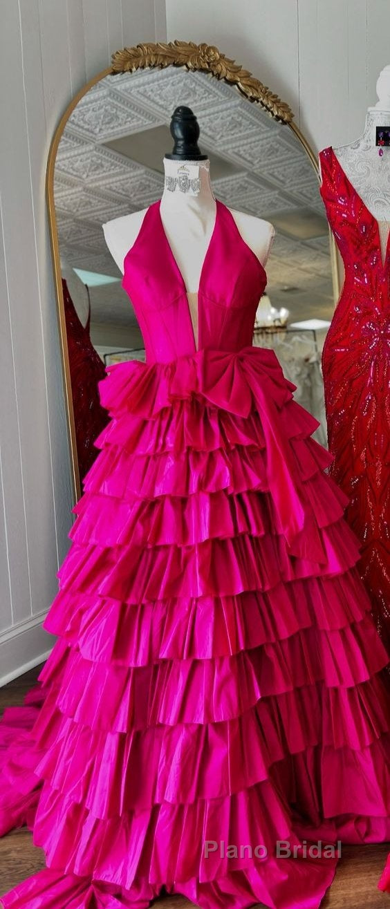 Halter A-Line Blue Satin Long Ruffled Formal Prom Dresses With Slit Secondary image