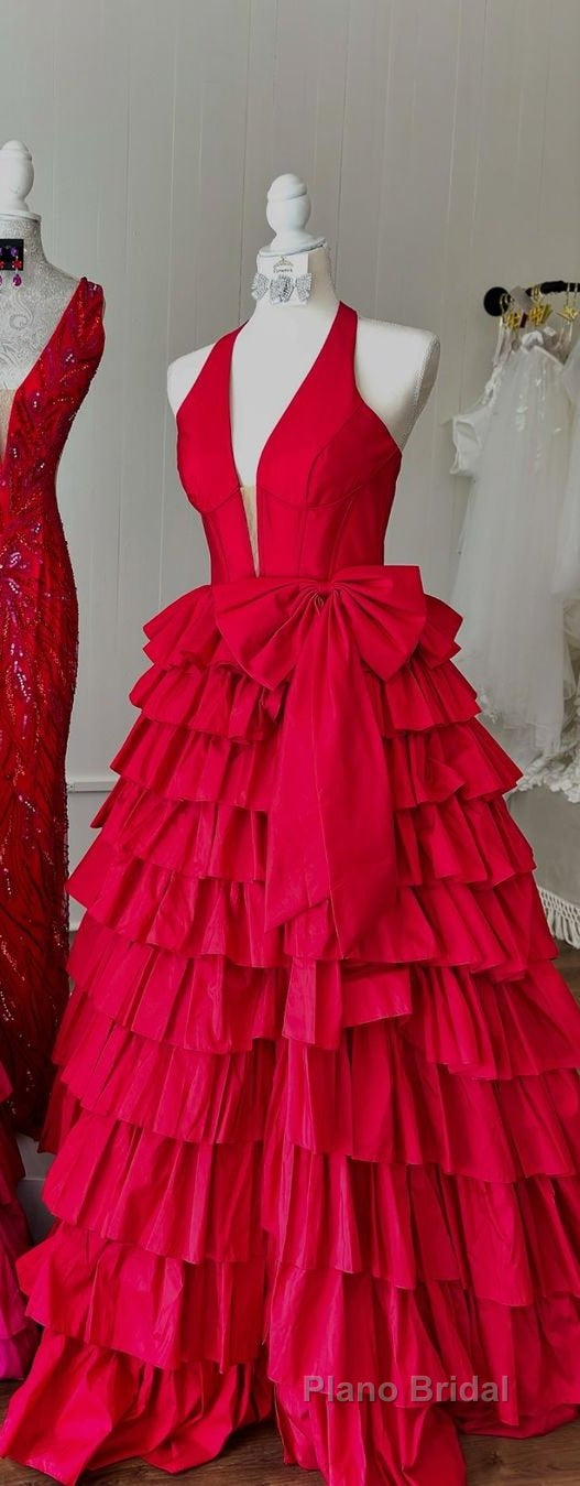 Halter A-Line Blue Satin Long Ruffled Formal Prom Dresses With Slit