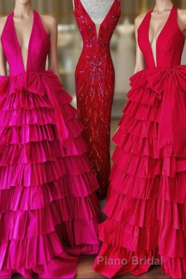 Halter A-Line Blue Satin Long Ruffled Formal Prom Dresses With Slit Main image