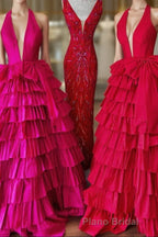 Halter A-Line Blue Satin Long Ruffled Formal Prom Dresses With Slit