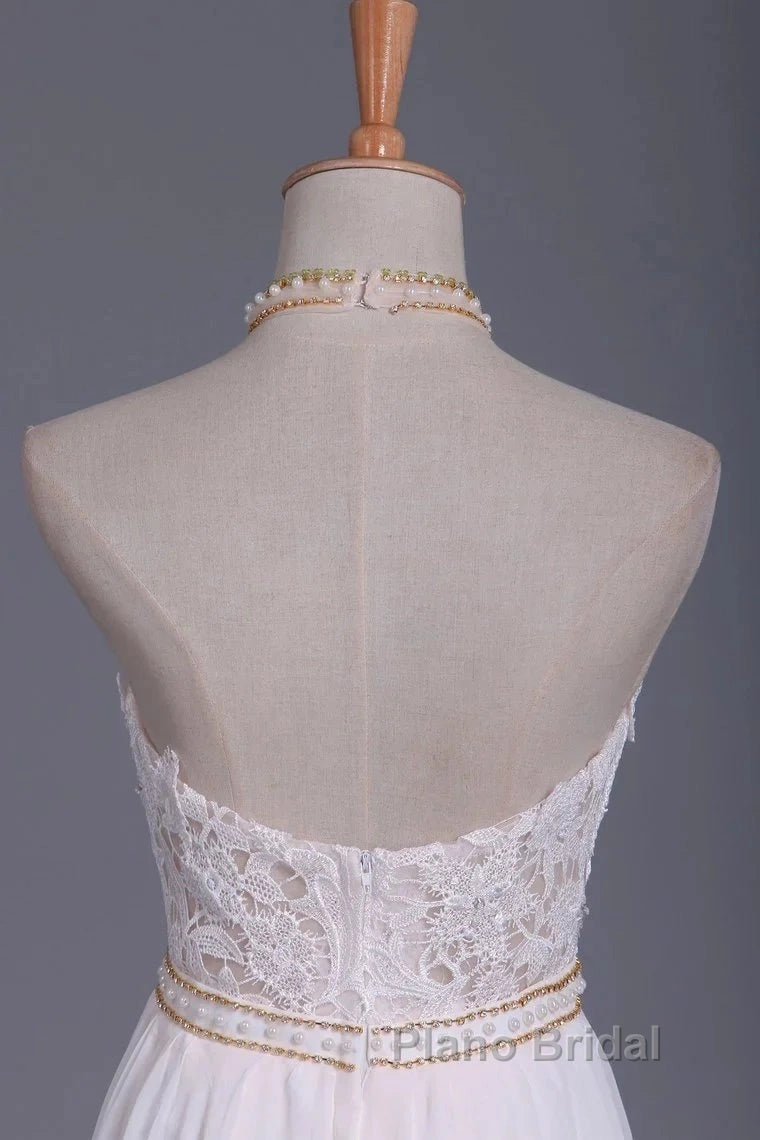 Halter Backless Chiffon Long Wedding Gown With Ruffles Pearl Lace