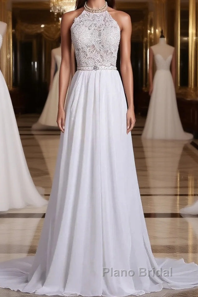 Halter Backless Chiffon Long Wedding Gown With Ruffles Pearl Lace Main image