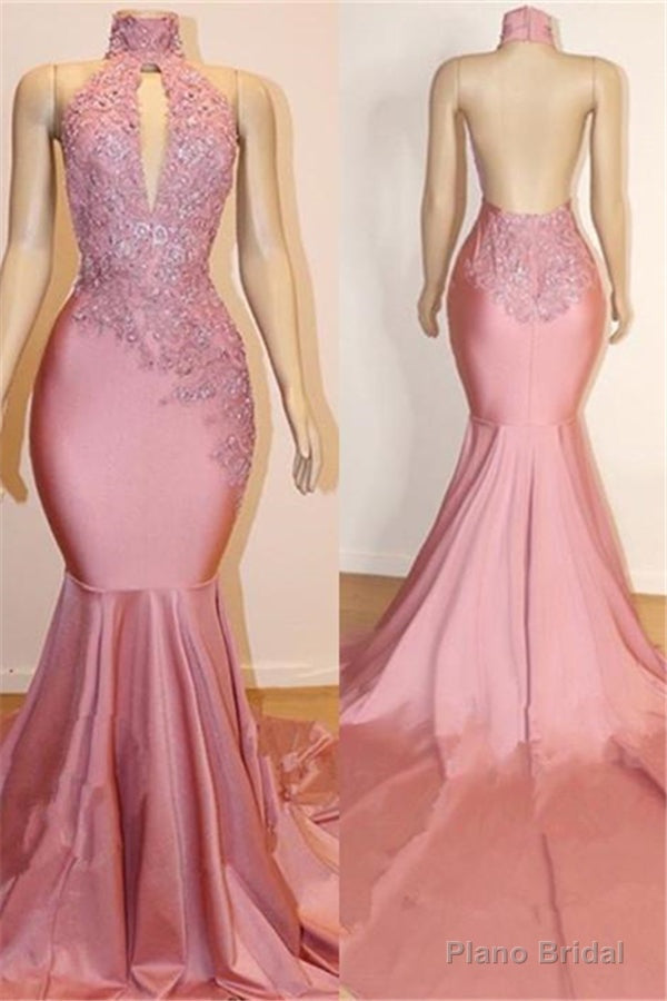 Halter Backless Mermaid Appliques Long Train Prom Dresses Main image