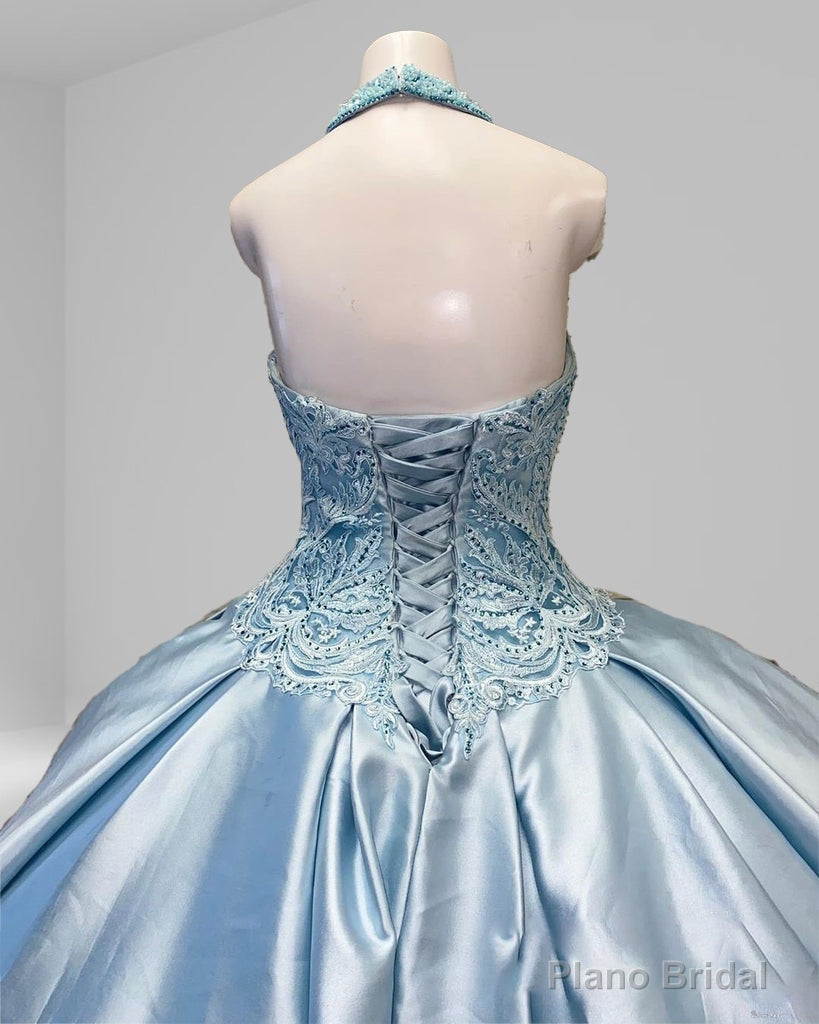Halter Beaded Sky Blue Satin Ball Gown Quinceaera Dress