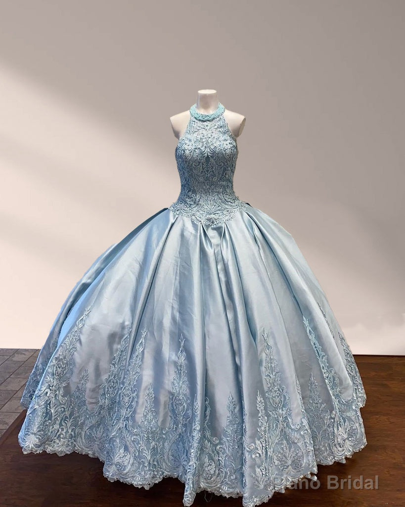 Halter Beaded Sky Blue Satin Ball Gown Quinceaera Dress Main image