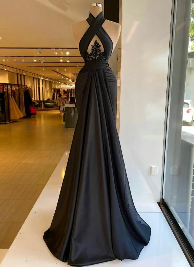 Halter Black Keyhole A-Line Satin Floor Length Prom Dresses Secondary image