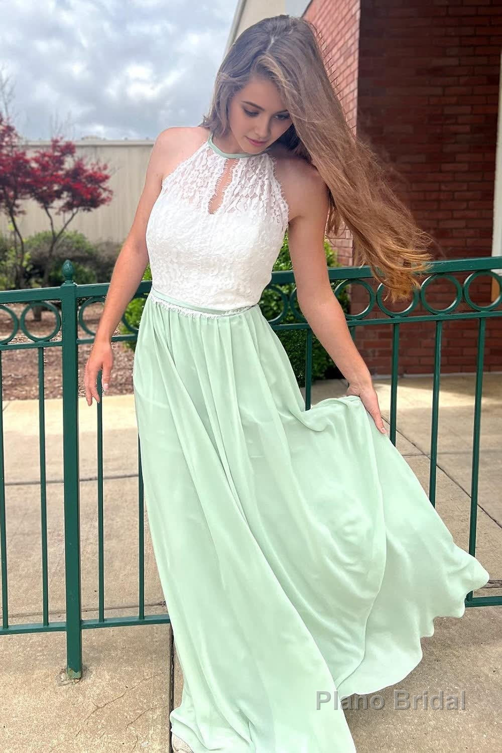 Halter Chiffon Light Green Lace Prom Dress Main image