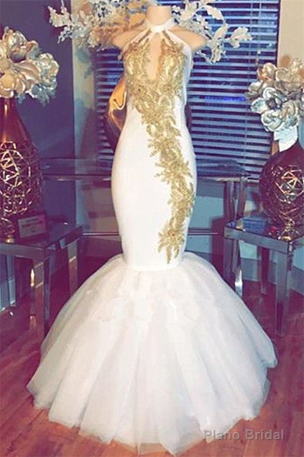 Halter Gold Beads Mermaid Prom Dresses Sleeveless White Evening Gown With Appliques Main image