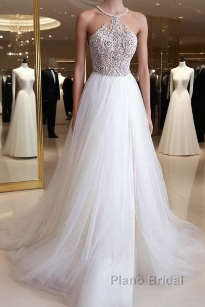Halter Illusion neck High split A line Tulle Princess Wedding Dress