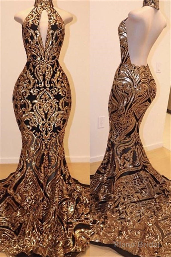 Halter Keyhole Neckline Sequins Appliques Mermaid Prom Dresses Main image