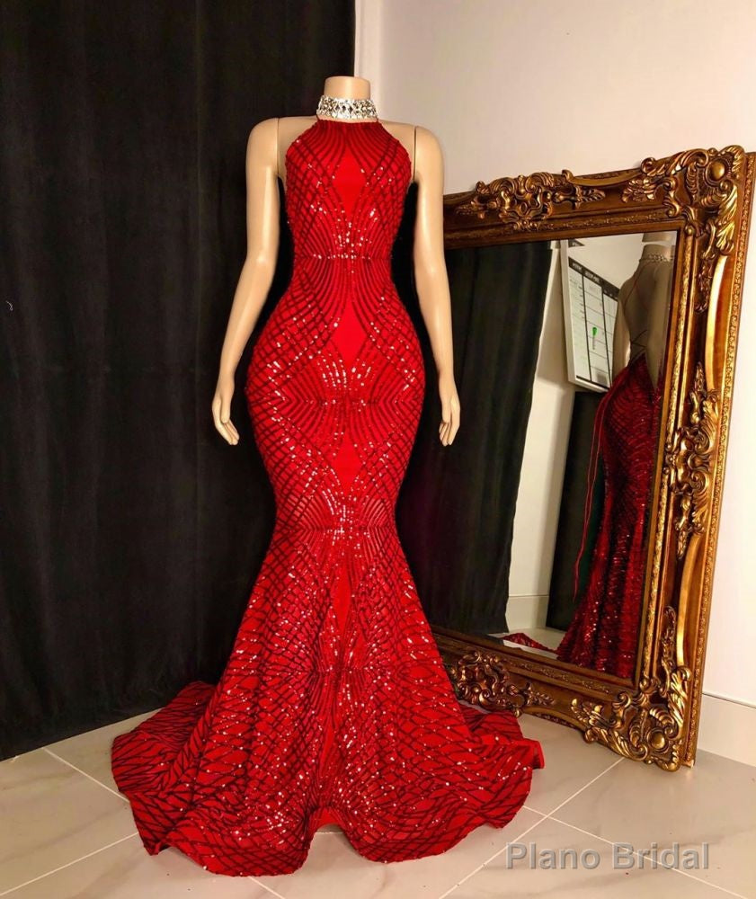 Halter Lace-up Sequins Floor Length Red Mermaid Prom Dresses Secondary image