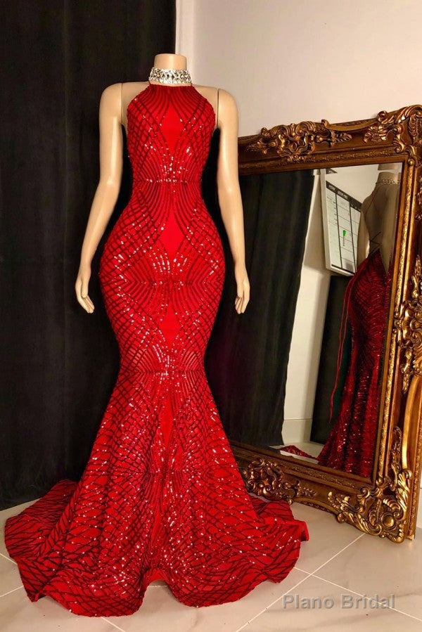 Halter Lace-up Sequins Floor Length Red Mermaid Prom Dresses Main image