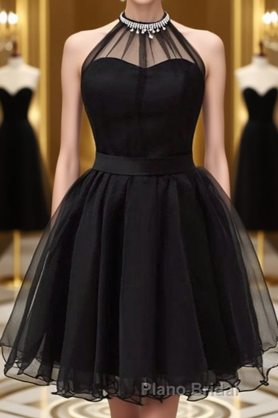 Halter Neck Backless Black Short Formal Prom Dress, Open Back Black Homecoming Dress Main image