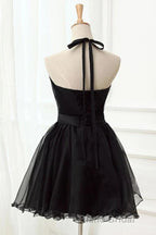 Halter Neck Backless Black Short Formal Prom Dress, Open Back Black Homecoming Dress