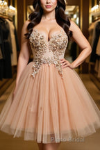 Halter Neck Backless Champagne 3D Floral Short Formal Prom Dress, Backless Champagne Formal Graduation Homecoming Dress