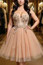 Halter Neck Backless Champagne 3D Floral Short Formal Prom Dress, Backless Champagne Formal Graduation Homecoming Dress