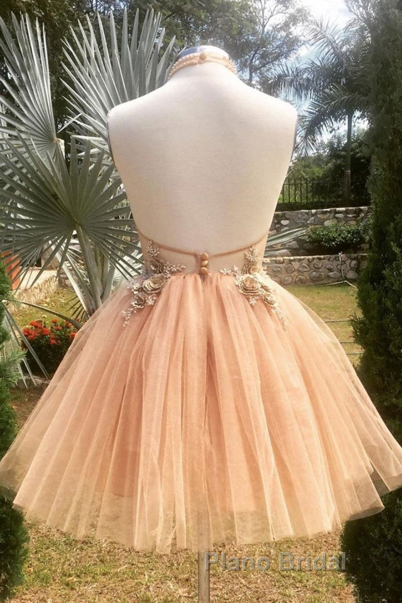 Halter Neck Backless Champagne 3D Floral Short Formal Prom Dress, Backless Champagne Formal Graduation Homecoming Dress Secondary image
