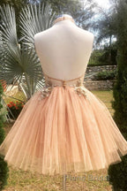 Halter Neck Backless Champagne 3D Floral Short Formal Prom Dress, Backless Champagne Formal Graduation Homecoming Dress