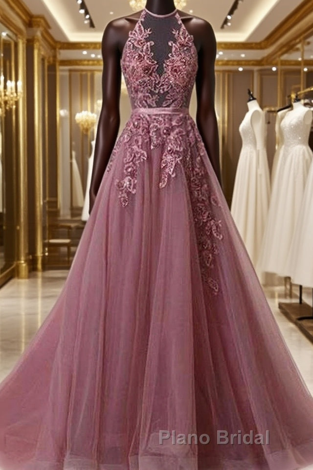 Halter Neck Backless Lace Formal Prom Dresses, Open Back Halter Neck Lace Formal Evening Dresses Main image