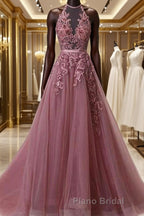 Halter Neck Backless Lace Formal Prom Dresses, Open Back Halter Neck Lace Formal Evening Dresses