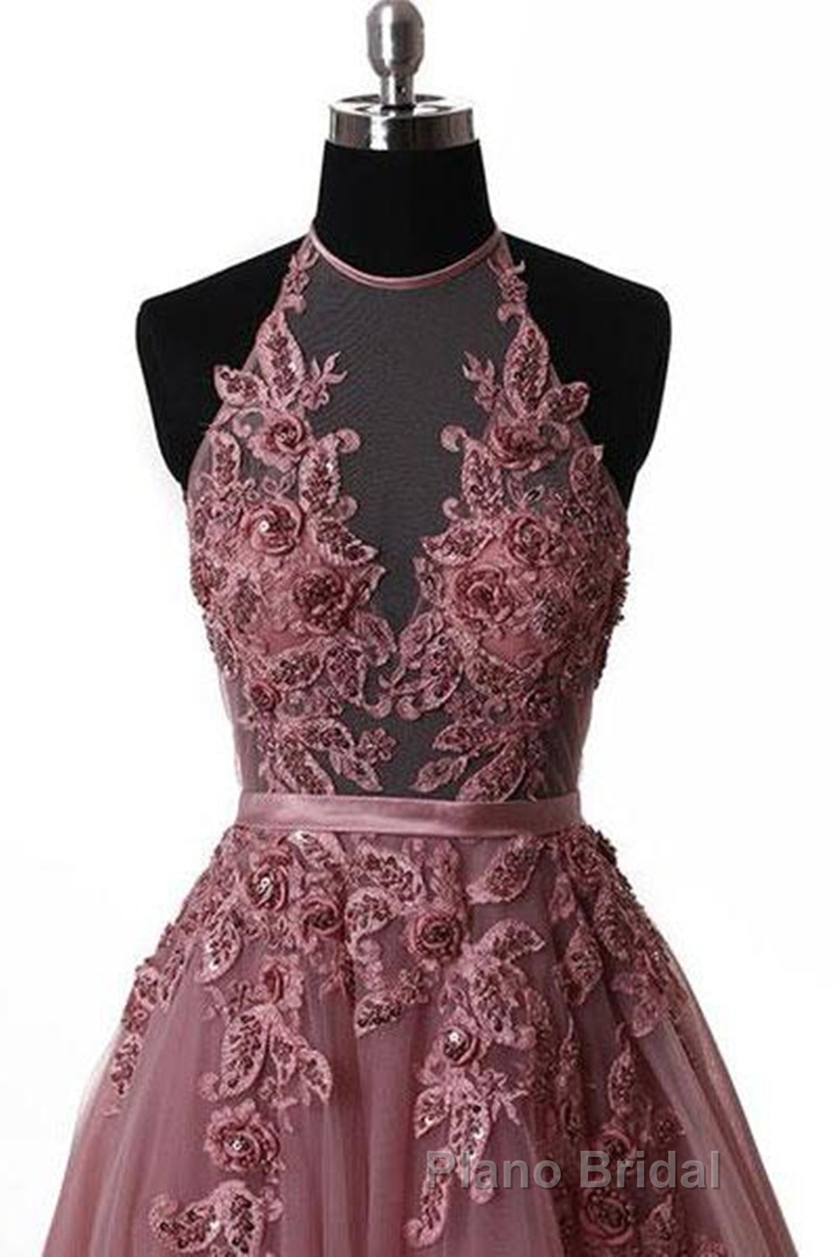 Halter Neck Backless Lace Formal Prom Dresses, Open Back Halter Neck Lace Formal Evening Dresses