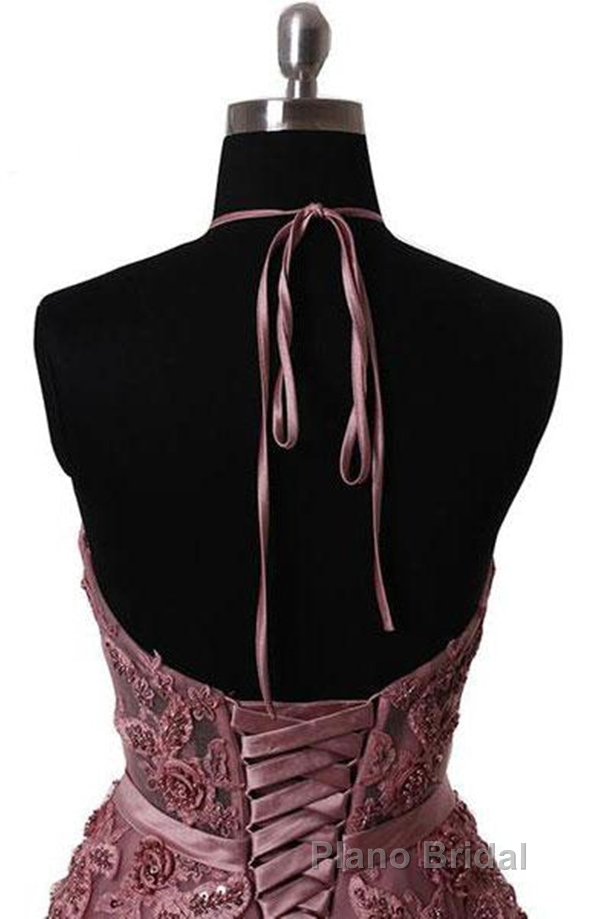 Halter Neck Backless Lace Formal Prom Dresses, Open Back Halter Neck Lace Formal Evening Dresses