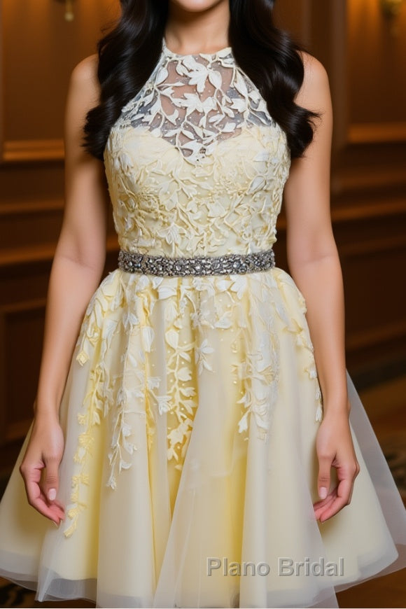 Halter Neck Backless Short Yellow Lace Formal Prom Dress, Yellow Lace Formal Graduation Homecoming Dress Main image