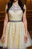 Halter Neck Backless Short Yellow Lace Formal Prom Dress, Yellow Lace Formal Graduation Homecoming Dress