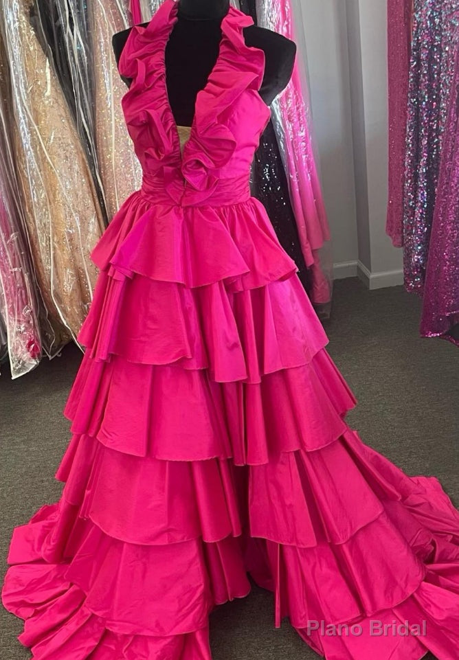 Halter Neck Ball Gown Long Prom Dresses with Ruffle Skirt Main image