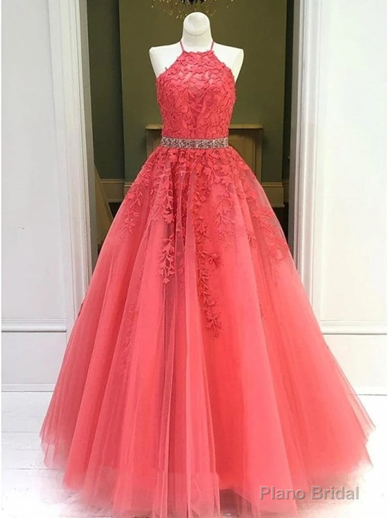 Halter Neck Coral Lace Tulle Long Prom Dresses, Halter Neck Coral Lace Formal Evening Dresses Main image
