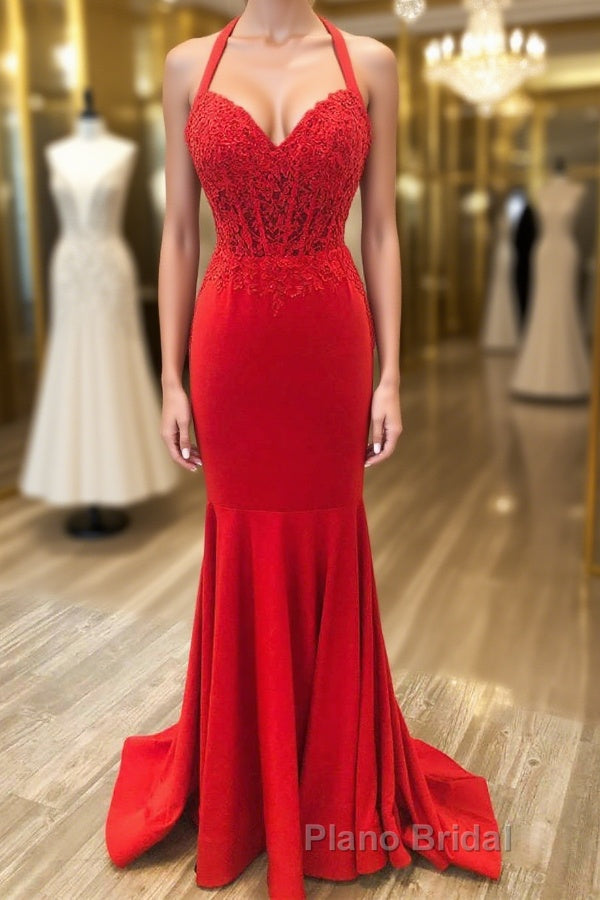 Halter Neck Mermaid Backless Red Lace Long Formal Prom Dresses, Mermaid Red Formal Dresses, Red Lace Evening Dresses