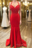 Halter Neck Mermaid Backless Red Lace Long Formal Prom Dresses, Mermaid Red Formal Dresses, Red Lace Evening Dresses