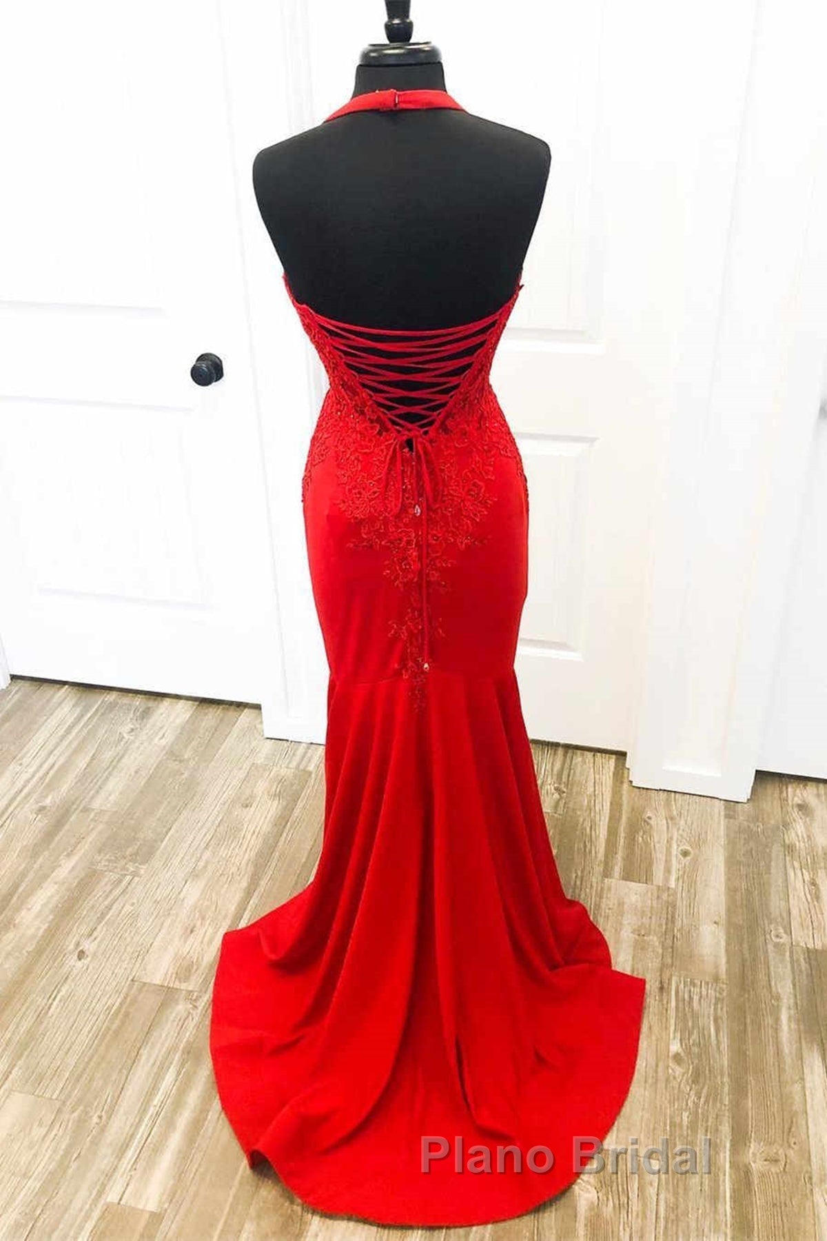 Halter Neck Mermaid Backless Red Lace Long Formal Prom Dresses, Mermaid Red Formal Dresses, Red Lace Evening Dresses Secondary image