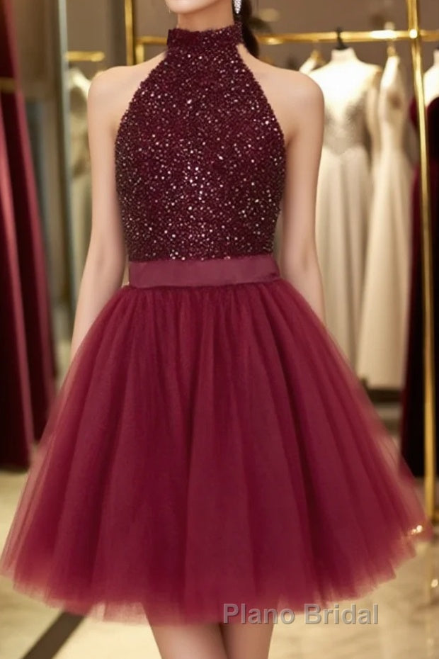 Halter Neck Open Back Beaded Burgundy Formal Prom Dress, Backless Burgundy Homecoming Dress, Short Burgundy Formal Evening Dress Main image
