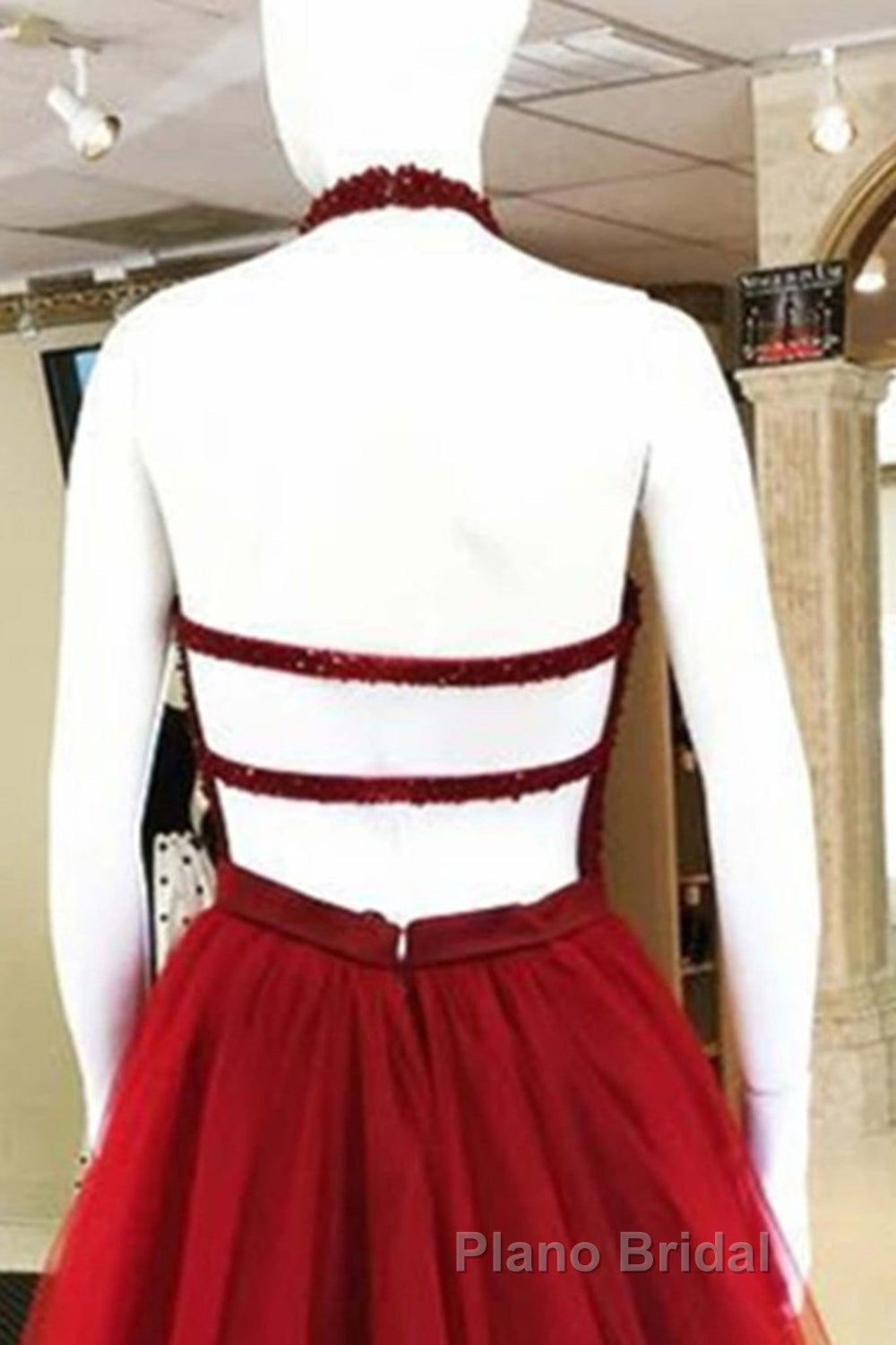 Halter Neck Open Back Beaded Burgundy Formal Prom Dress, Backless Burgundy Homecoming Dress, Short Burgundy Formal Evening Dress