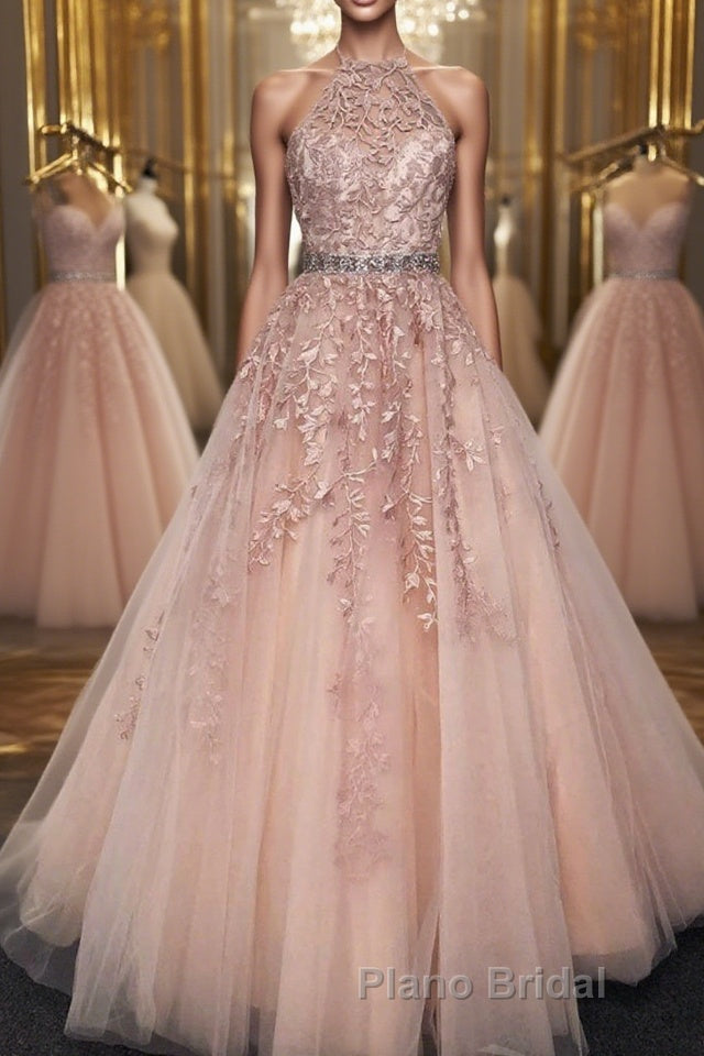 Halter Neck Pink Lace Long Formal Prom Dress with Belt, Pink Lace Formal Dress, Pink Evening Dress Main image
