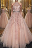 Halter Neck Pink Lace Long Formal Prom Dress with Belt, Pink Lace Formal Dress, Pink Evening Dress