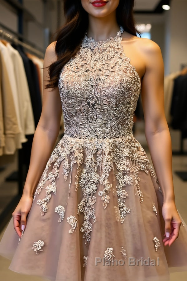Halter Neck Short Champagne Lace Formal Prom Dress, Champagne Lace Formal Graduation Homecoming Dress Main image