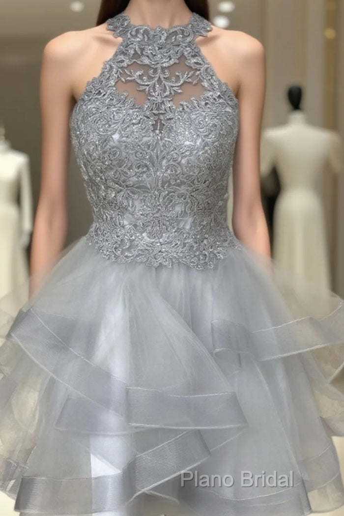 Halter Neck Short Gray Lace Formal Prom Dresses, Short Gray Lace Formal Graduation Dresses Main image