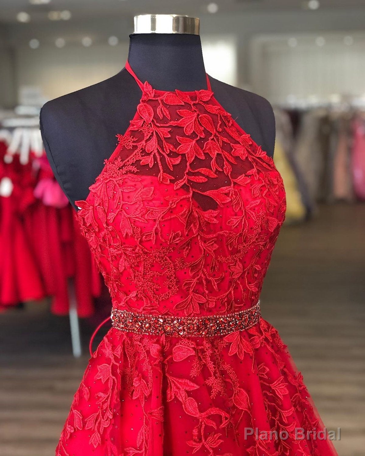 Halter Neck Short Red Lace Prom Dresses, Short Red Lace Formal Homecoming Dresses Secondary image