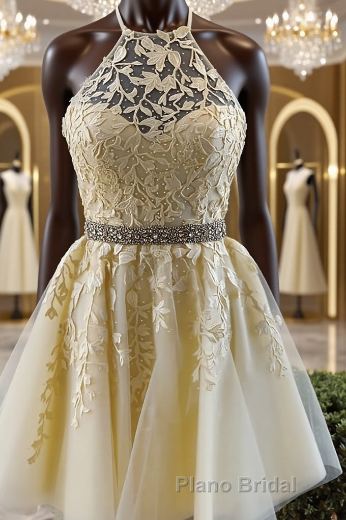 Halter Neck Short Yellow Lace Formal Prom Dressses, Backless Short Yellow Lace Formal Homecoming Dresses Main image