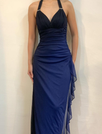 Halter Ombre Navy Blue Long Chiffon Formal Prom Dresses