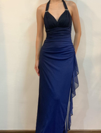 Halter Ombre Navy Blue Long Chiffon Formal Prom Dresses