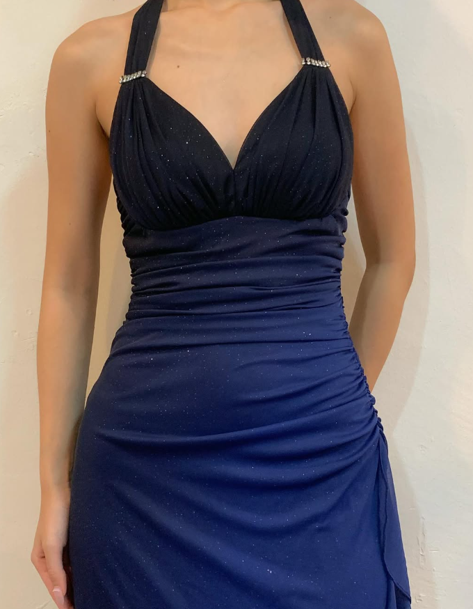 Halter Ombre Navy Blue Long Chiffon Formal Prom Dresses