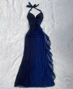 Halter Ombre Navy Blue Long Chiffon Formal Prom Dresses